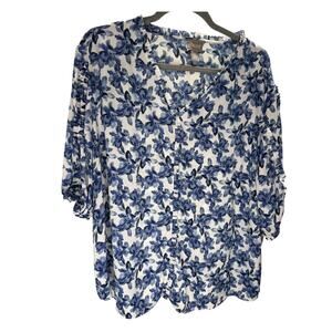 Chicos Blue/White Floral Ruffle Sleeve/Neck Blouse Size 2XL